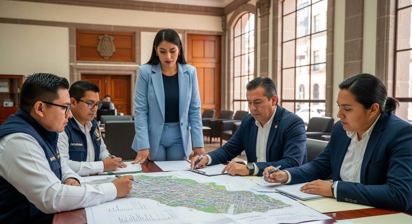 Personal de protección civil en una reunión de planificación, revisando mapas de riesgo para el programa anual.