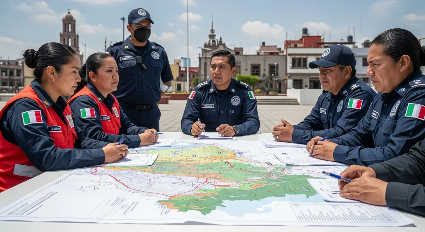 Personal de protección civil de un municipio mexicano en una reunión de planificación con un mapa de riesgos.