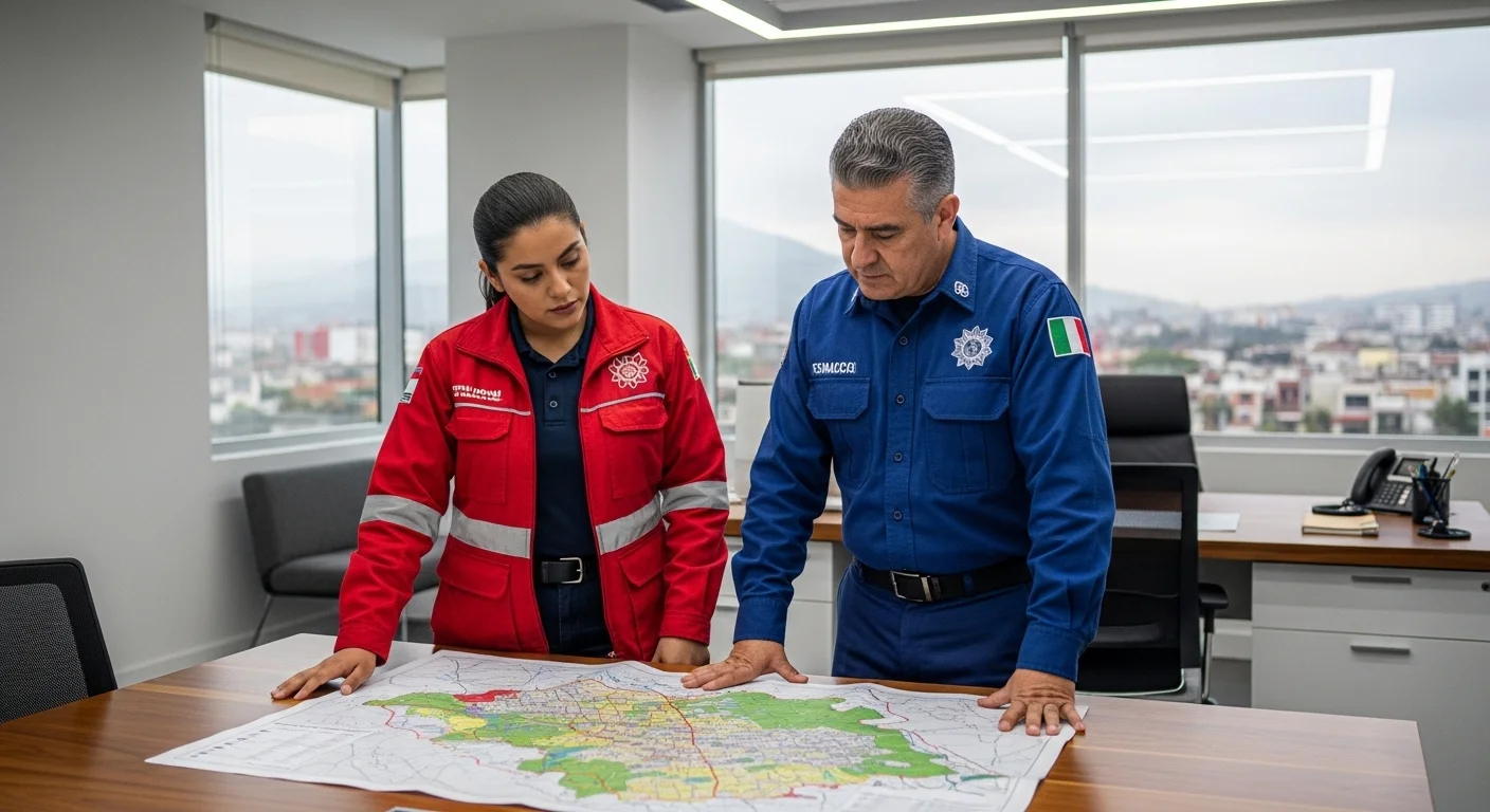 Equipo de Protección Civil de un ayuntamiento mexicano revisando un mapa de riesgos de su municipio