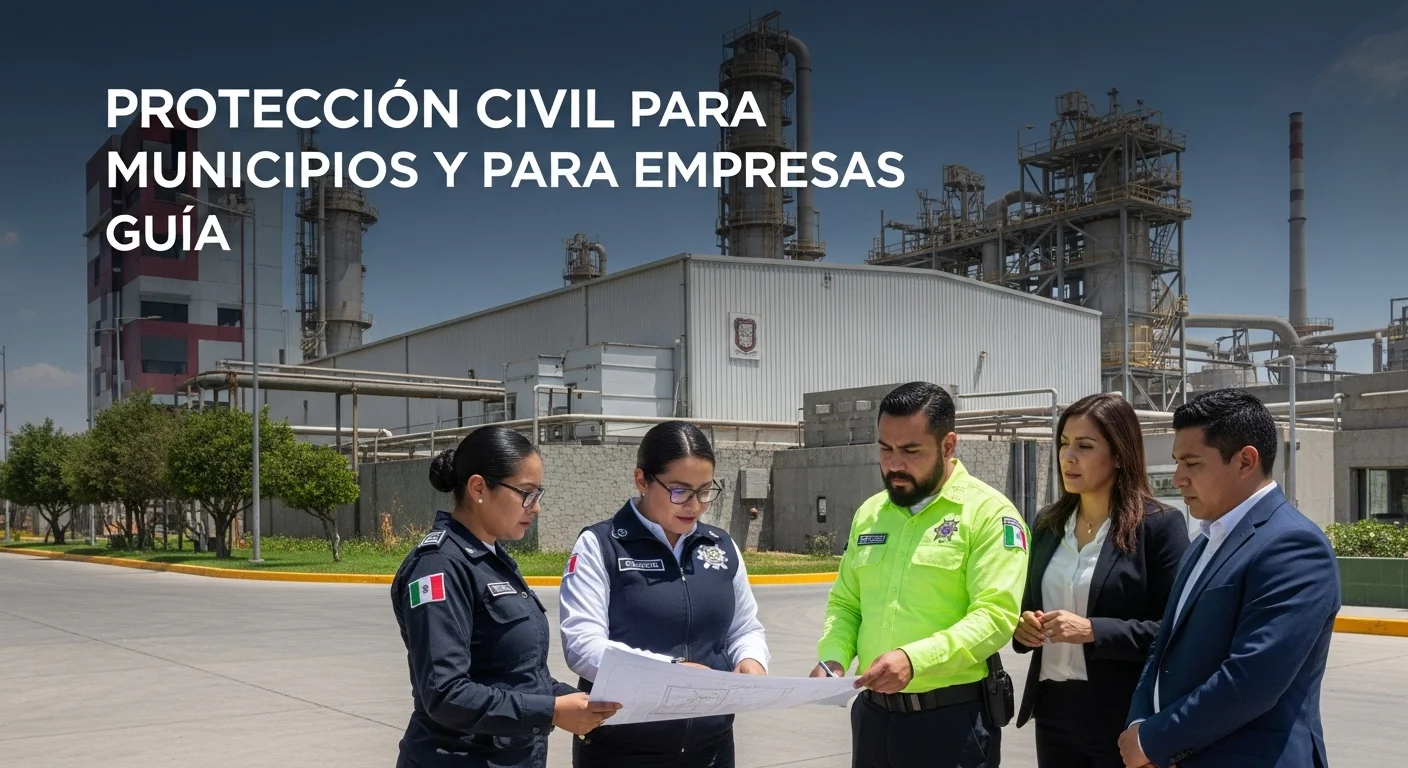 Equipo de protección civil de un municipio mexicano revisando un plan con empresarios frente a un edificio industrial.