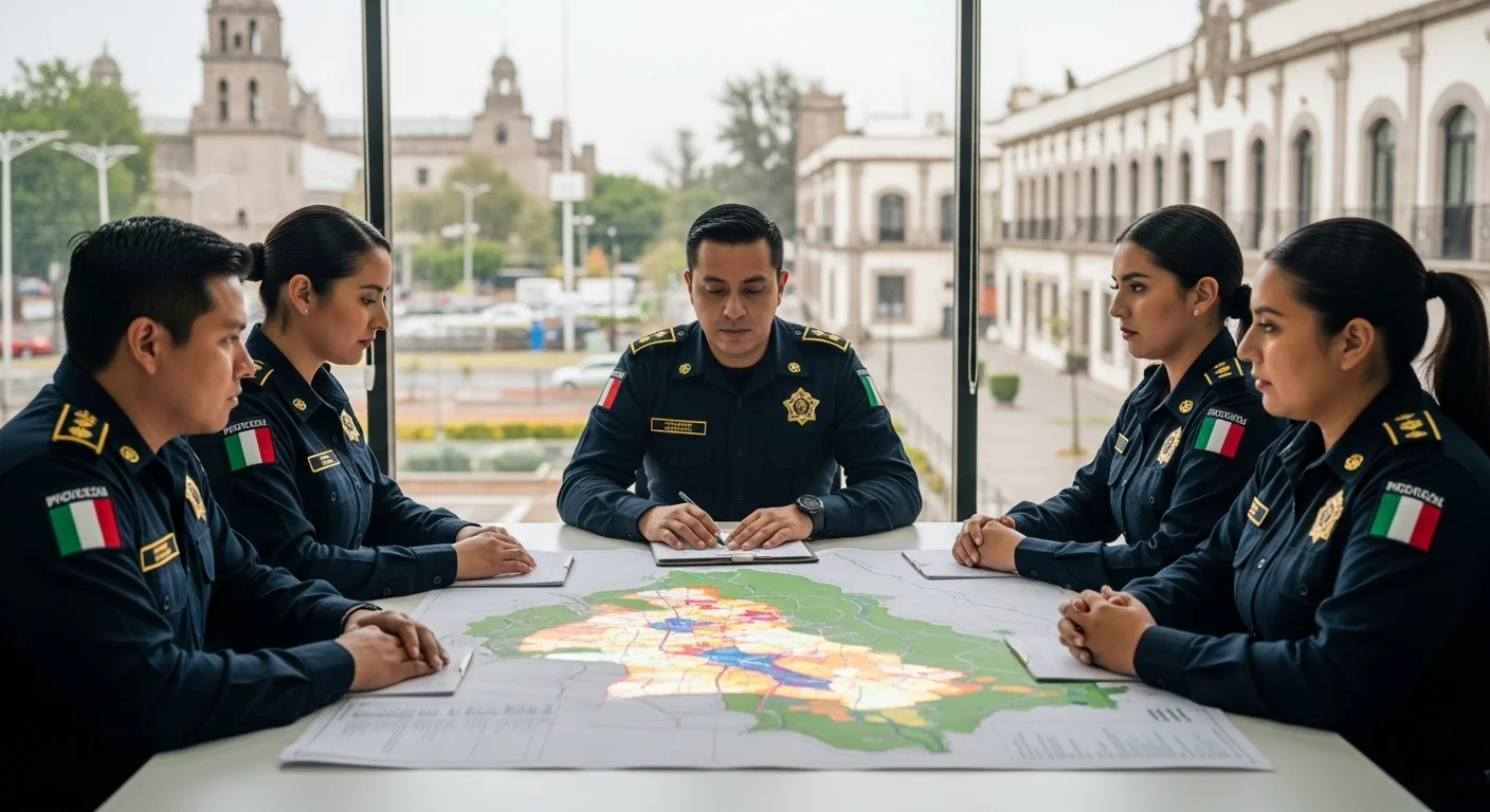 Equipo de Protección Civil de un municipio mexicano en una reunión de planificación con un mapa de riesgos de fondo, representando la gestión municipal.
