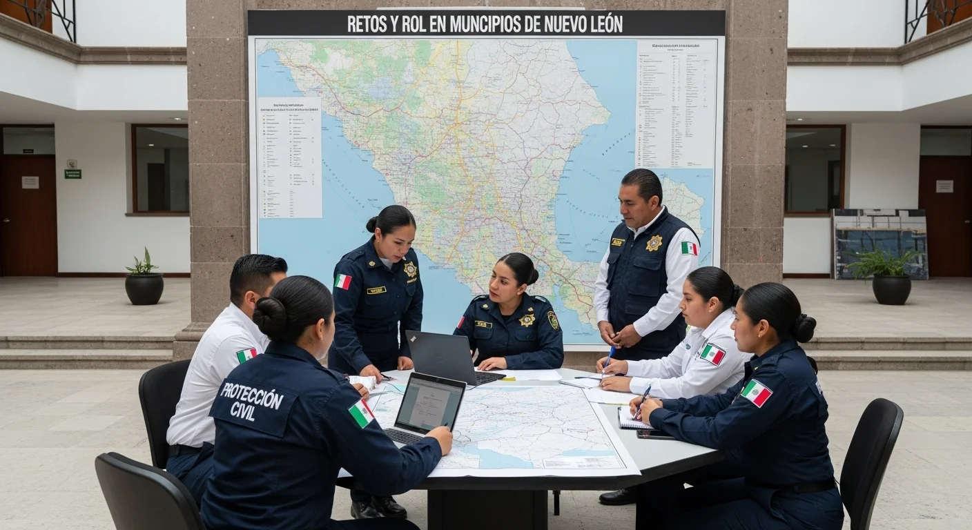 Personal de Protección Civil de un municipio de Nuevo León en una reunión de planificación de emergencias frente a un mapa del estado.
