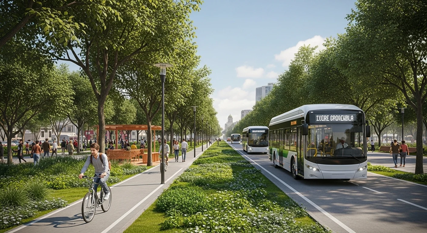 Infraestructura de una ciudad verde en México, como un parque lineal con ciclovía y transporte público eléctrico, simbolizando proyectos de ciudades sostenibles.