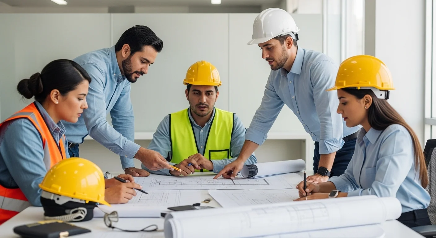 Ingenieros y arquitectos revisando planos y discutiendo sobre la planeación de proyectos de obras públicas municipales en una oficina del ayuntamiento.