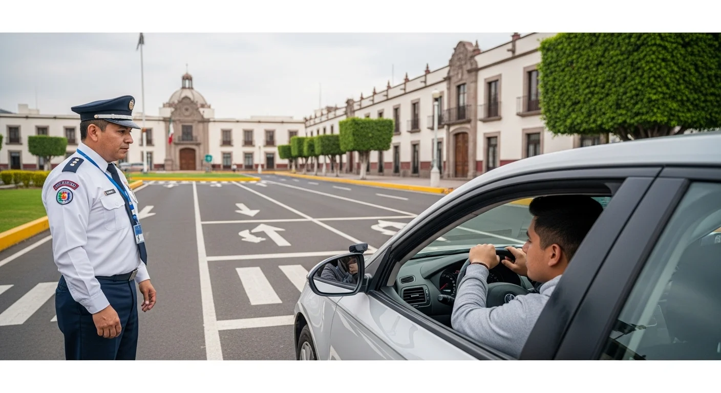 Aspirante realizando una prueba de manejo en una calle bien señalizada de un municipio en México, con el evaluador observando.