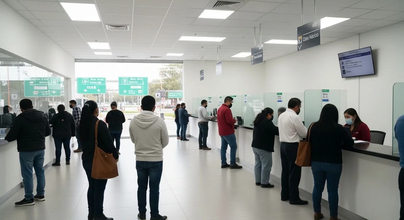 Oficina de trámites de licencia de conducir en un municipio mexicano, con ciudadanos esperando y señalización vial de fondo.