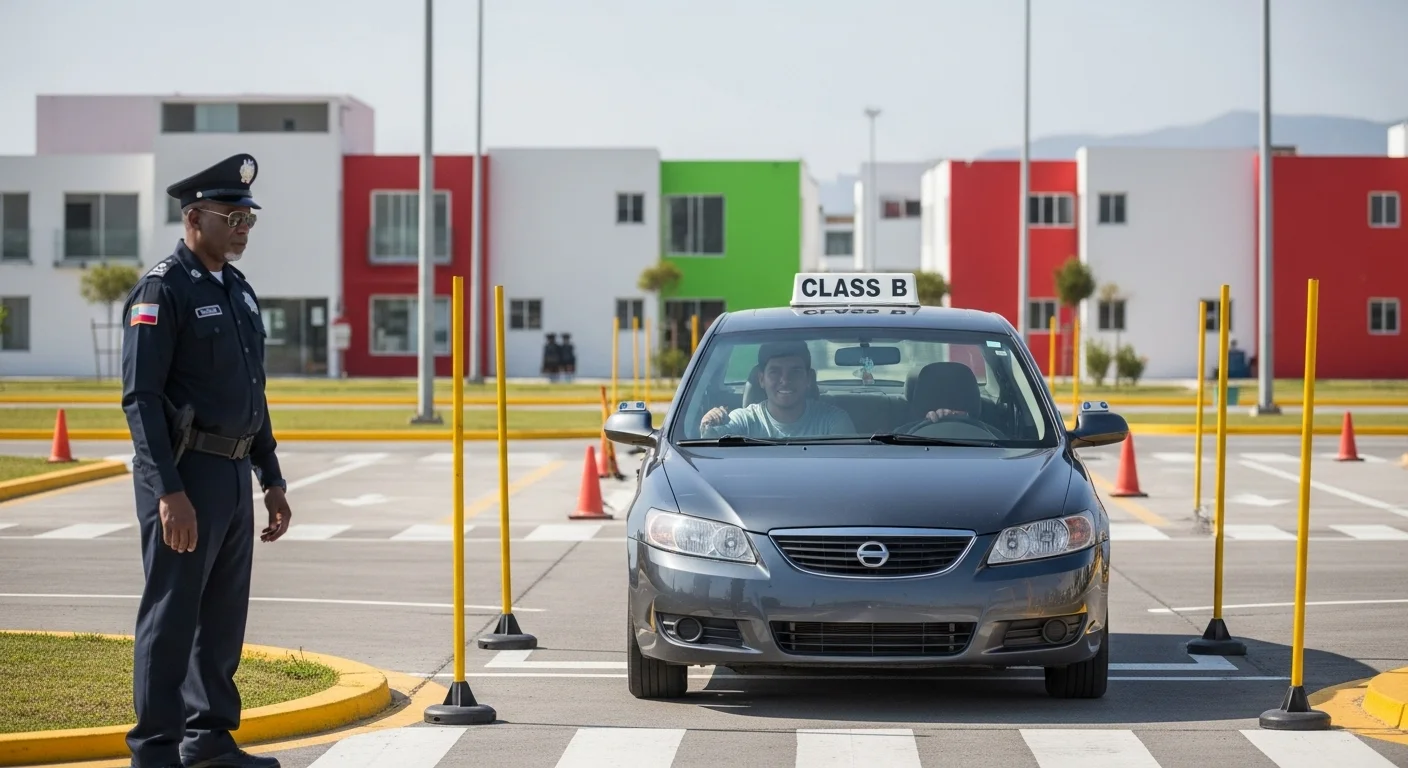 Aspirante realizando la prueba para conducir clase b en un circuito de un municipio, bajo la supervisión de un oficial de tránsito.