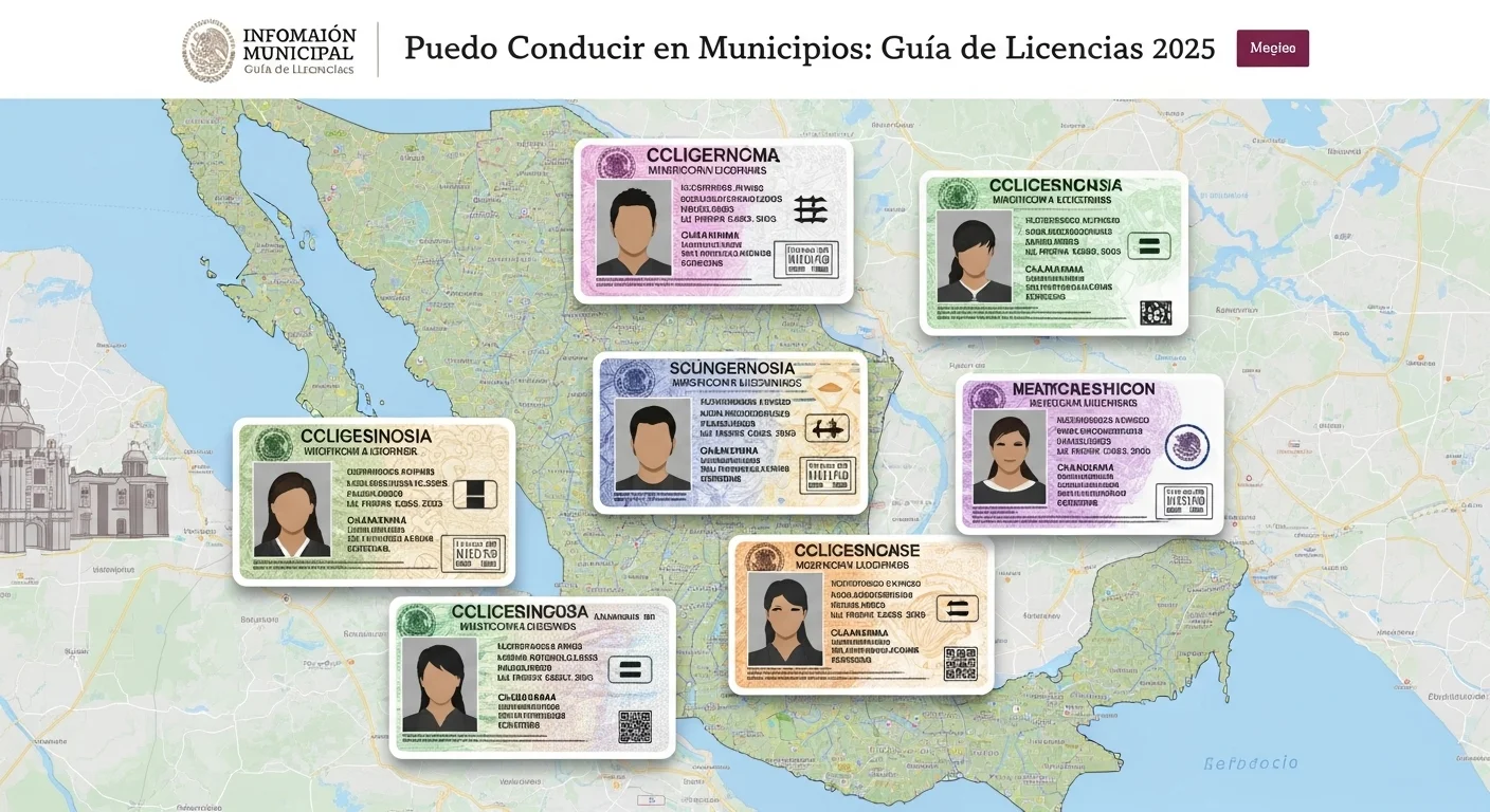 Imagen mostrando diversos tipos de licencias de conducir mexicanas sobre un mapa de municipios de México.