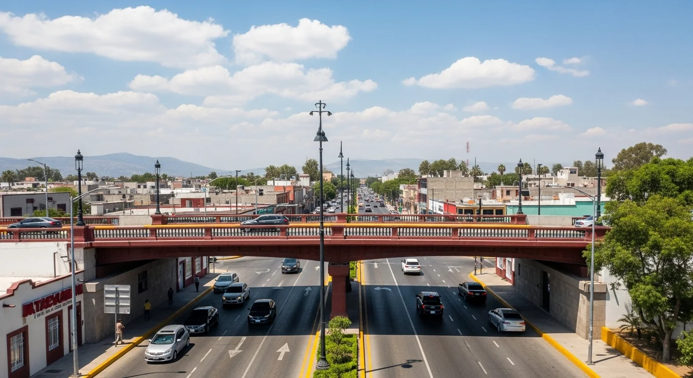 Puente vehicular de jurisdicción federal cruzando una avenida urbana en un municipio de México, simbolizando la complejidad de la infraestructura municipal.