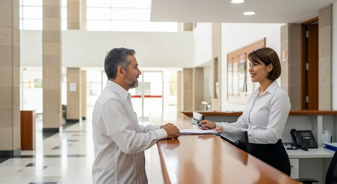 Recepcionista atendiendo a un ciudadano en el mostrador del palacio de un municipio mexicano, reflejando eficiencia y servicio público.