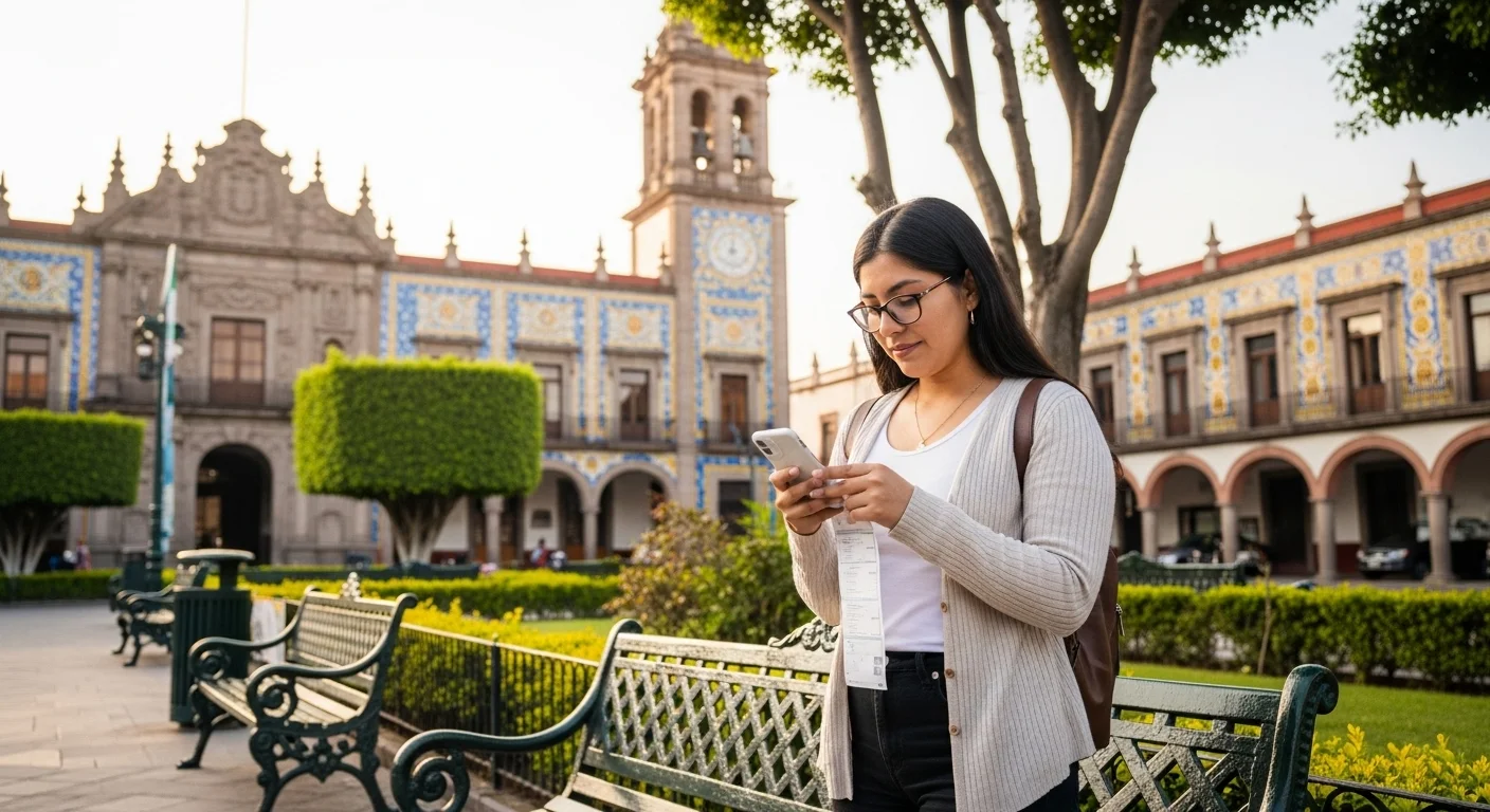 Una persona revisando su recibo de agua en un smartphone con el palacio municipal de un pueblo mexicano al fondo.