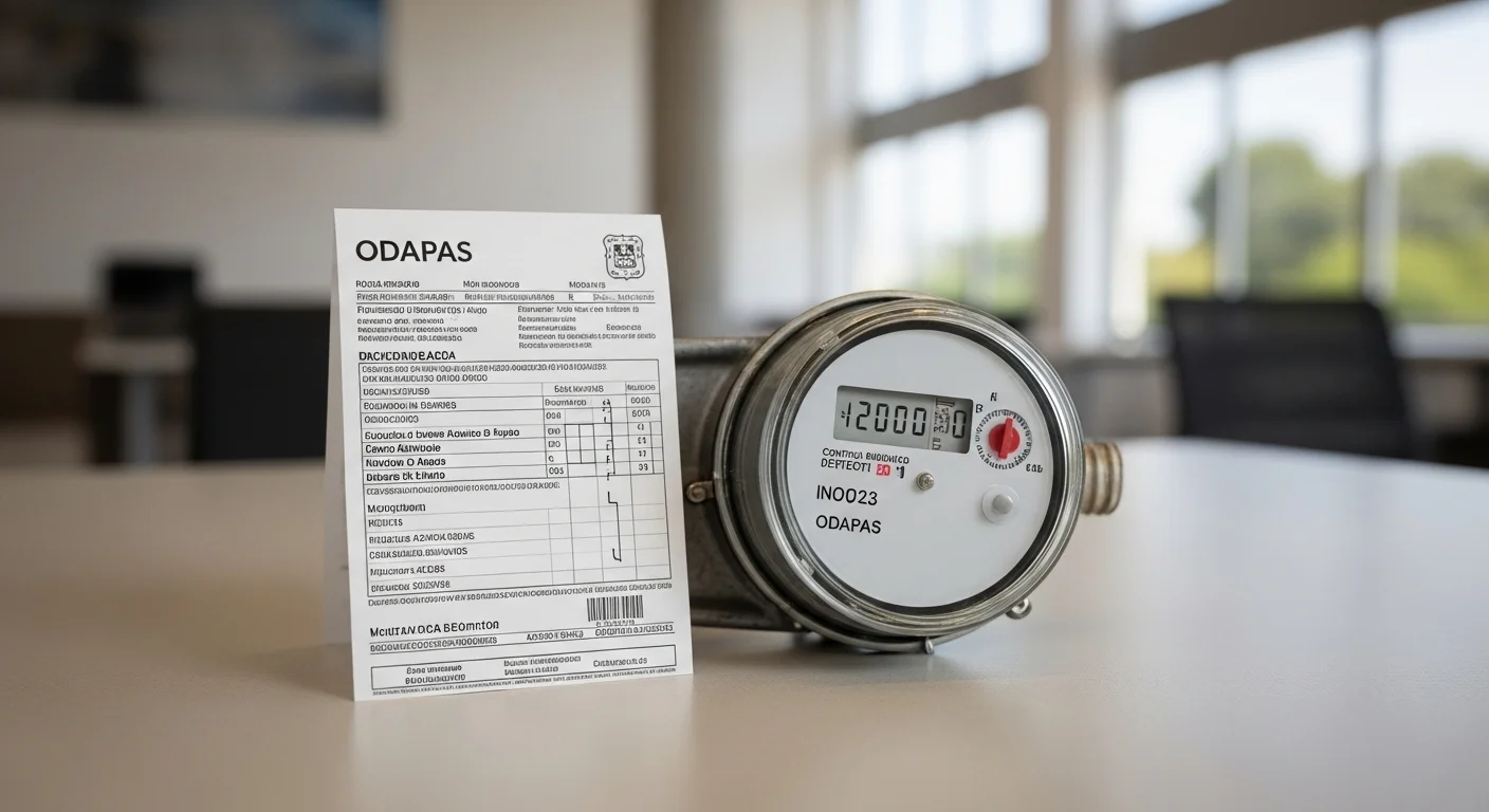 Primer plano de un recibo de agua de ODAPAS junto a un medidor de agua, simbolizando la gestión y el control del consumo en municipios mexicanos.