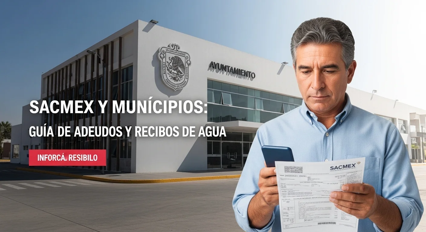 Una persona consultando su recibo de agua de Sacmex en un dispositivo móvil con el logo de un ayuntamiento municipal de fondo