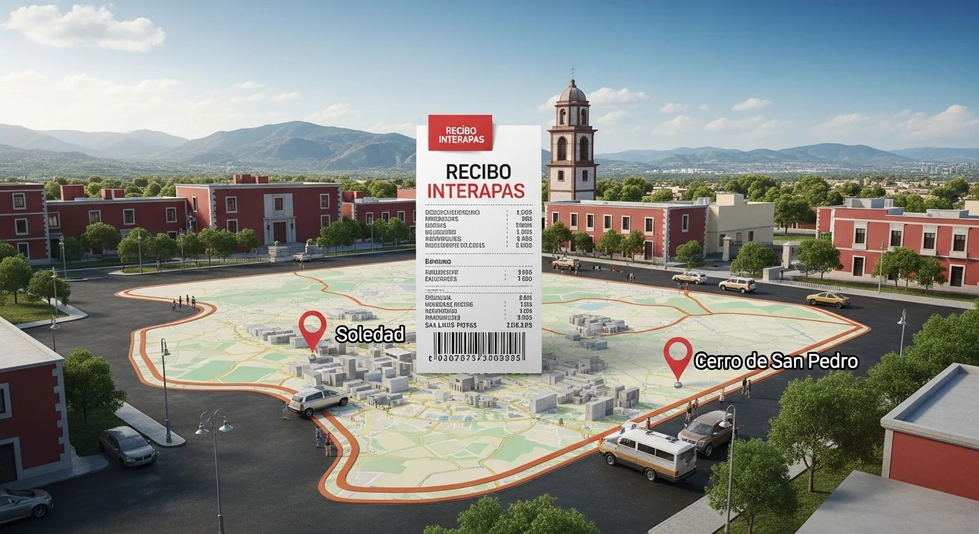 Imagen conceptual del recibo Interapas sobre un mapa de los municipios de San Luis Potosí, Soledad y Cerro de San Pedro