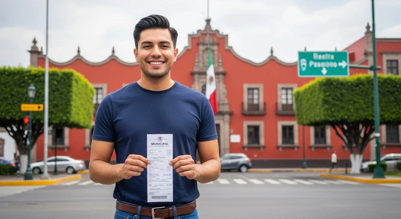 Imagen de un ciudadano mexicano revisando su recibo municipal con un ayuntamiento al fondo, simbolizando el pago de servicios en los municipios.