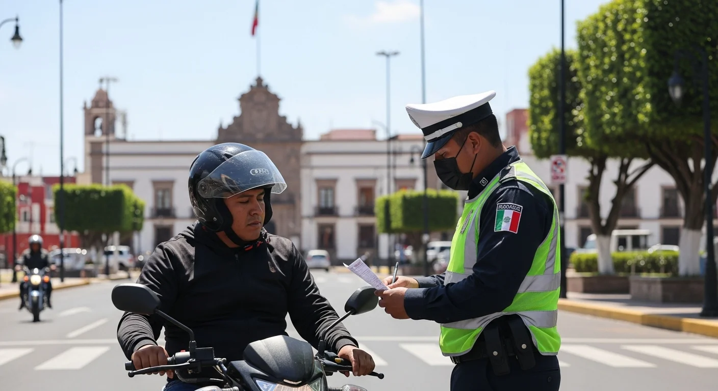 Oficial de tránsito revisando documentos de un motociclista en una calle de un municipio mexicano, con el palacio municipal de fondo.