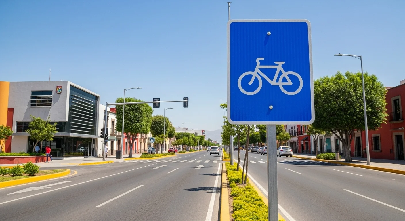 Señal de tránsito específica para ciclistas en una calle de un municipio mexicano, representando la aplicación del reglamento de tránsito para ciclistas por parte del ayuntamiento.