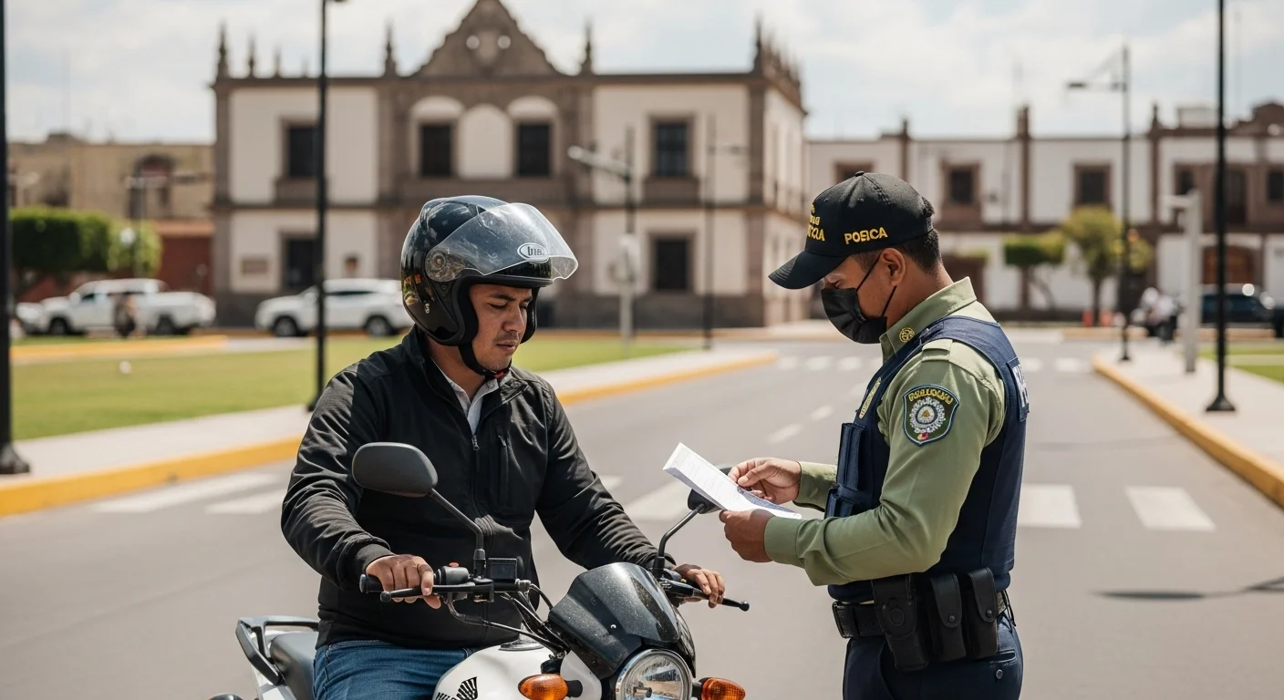 Agente de tránsito municipal revisando documentos de un motociclista en una calle de un municipio mexicano.