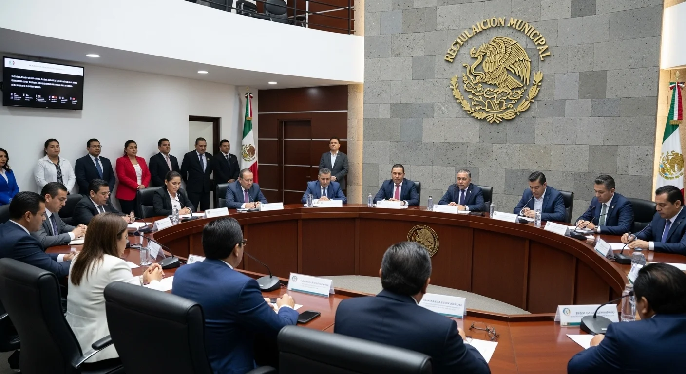 Sesión de cabildo en un ayuntamiento mexicano discutiendo el Reglamento de Protección Civil municipal.