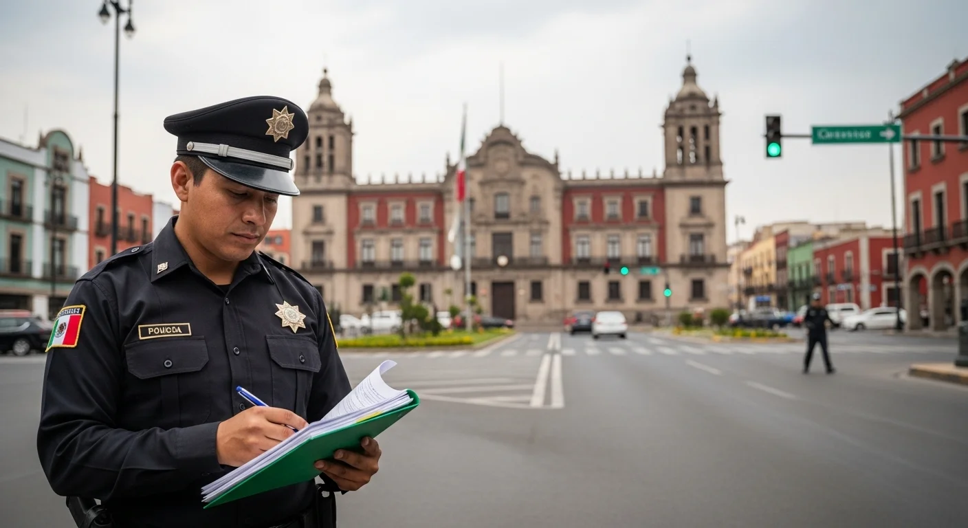 Agente de tránsito municipal revisando documentos en una calle de un municipio mexicano, con el palacio municipal de fondo.