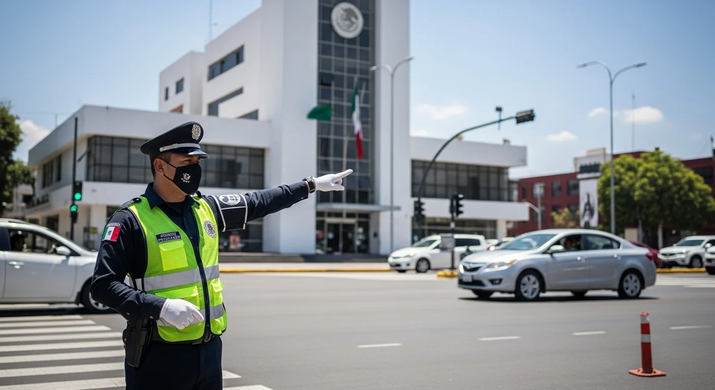 Agente de tránsito municipal mexicano dirigiendo el tráfico en una intersección urbana con edificios de un ayuntamiento al fondo