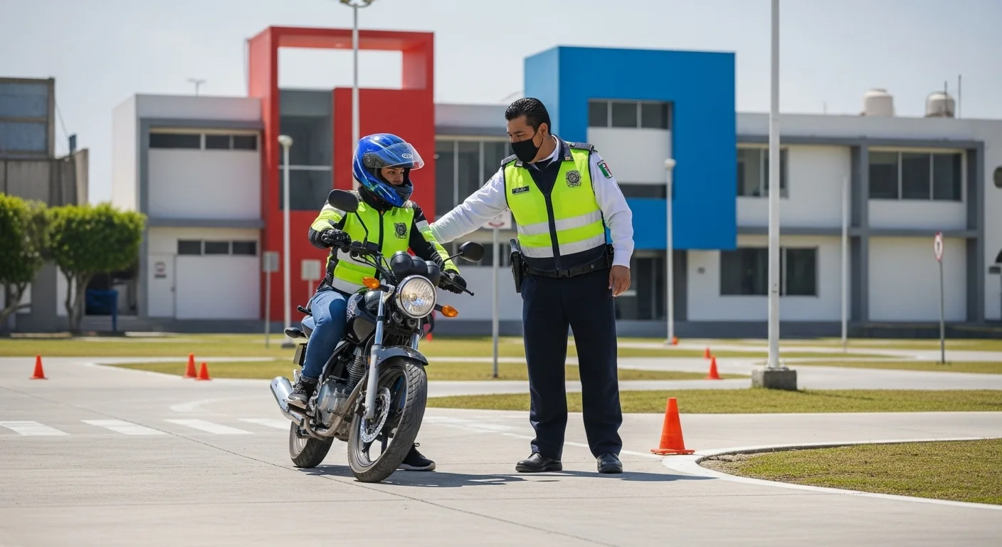 Un oficial de tránsito supervisando el examen práctico para la licencia de moto en un circuito de un municipio mexicano.