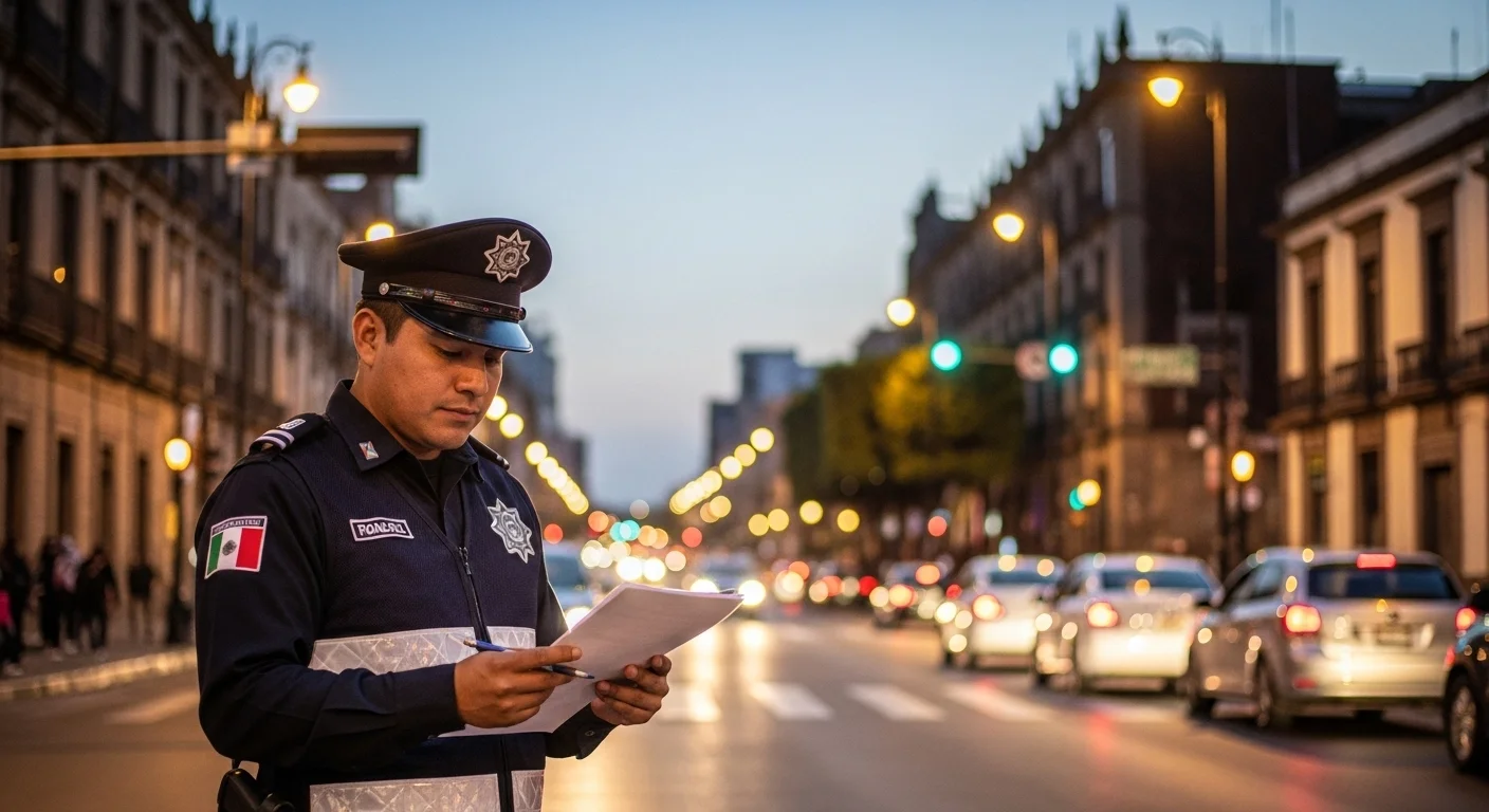 Un agente de tránsito municipal revisando documentos en una calle, aplicando el reglamento de vialidad y el reglamento alcoholímetro.