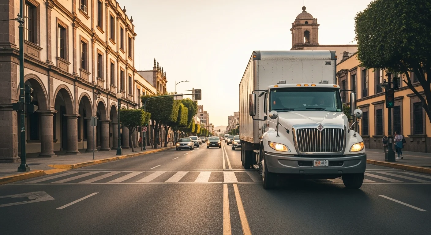 Camión de carga circulando en una zona urbana de un municipio mexicano, destacando la importancia del reglamento de tránsito para transporte de carga.