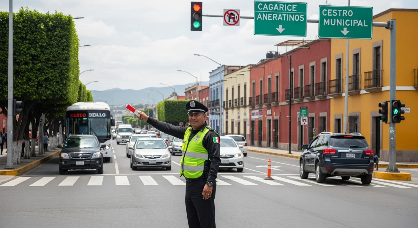 Agente de tránsito dirigiendo el tráfico en una calle concurrida de un municipio mexicano, con señalización vial visible.