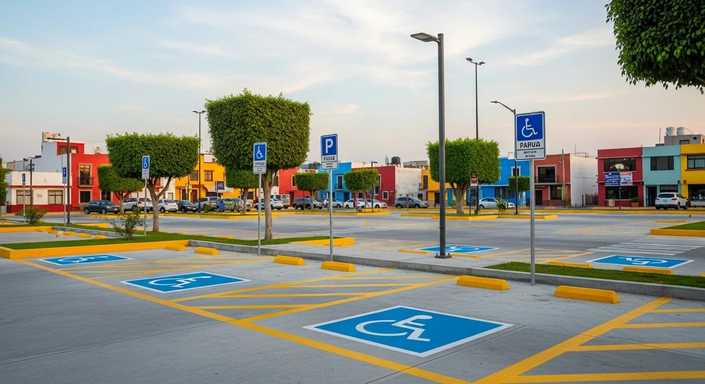 Señalización de tránsito para estacionamiento gestionada por un ayuntamiento en México, destacando un espacio para personas con discapacidad.