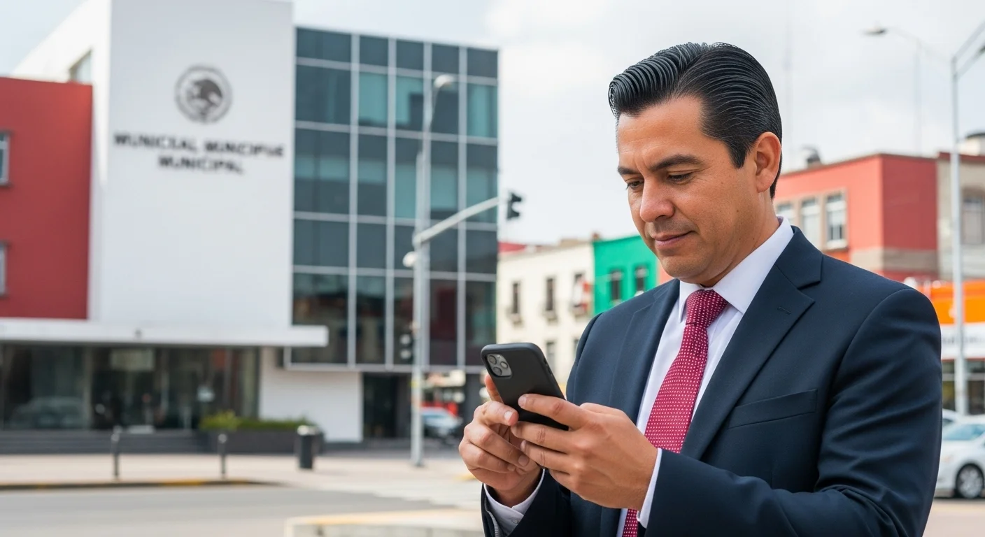 Una persona utilizando un smartphone para realizar el trámite de renovación de su licencia de conducir, representando la digitalización de servicios en los municipios mexicanos.