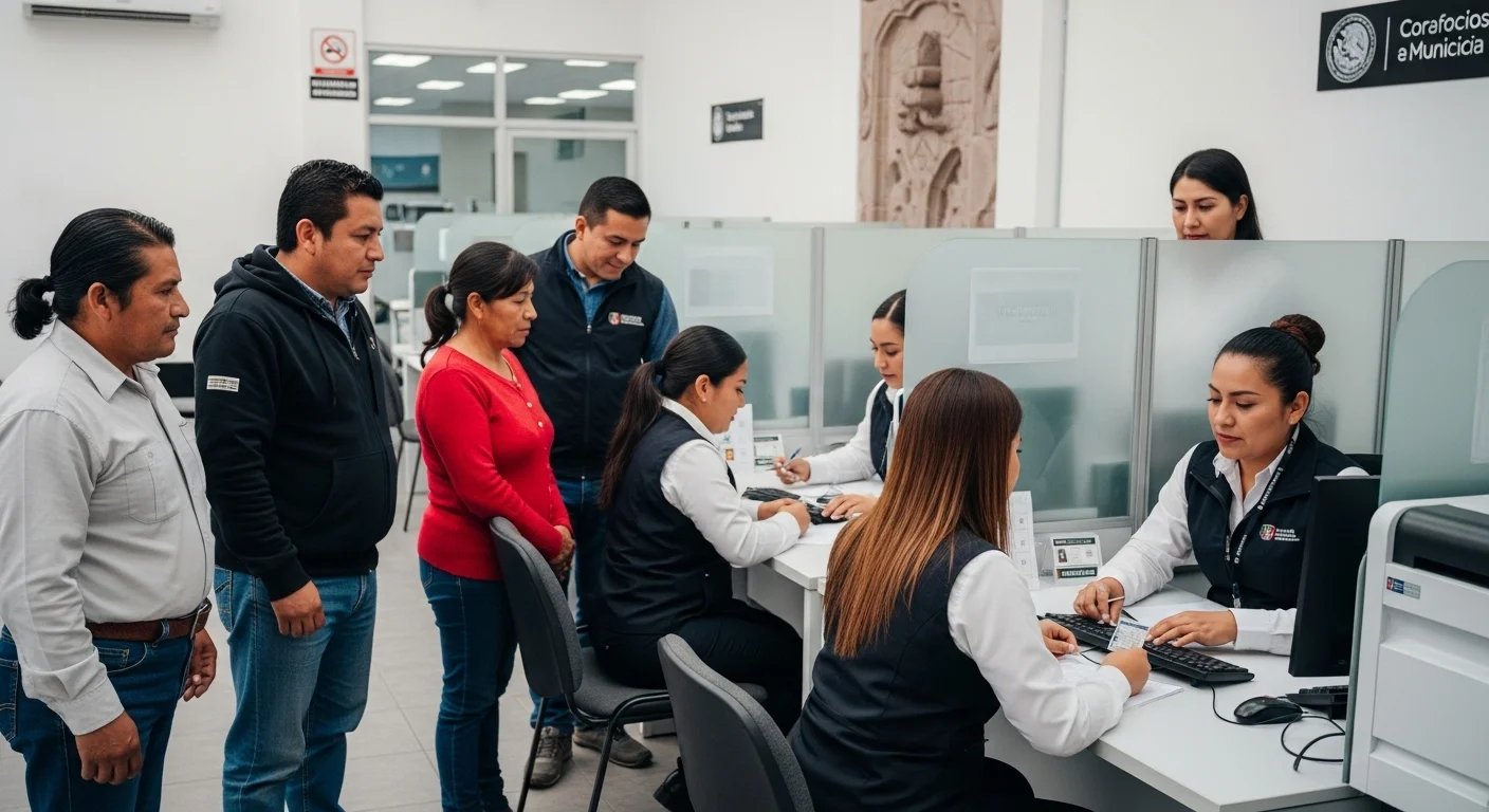 Oficina de trámites de tránsito en un municipio mexicano, con ciudadanos realizando el proceso de renovación de licencia de conducir frente a ventanillas del ayuntamiento.