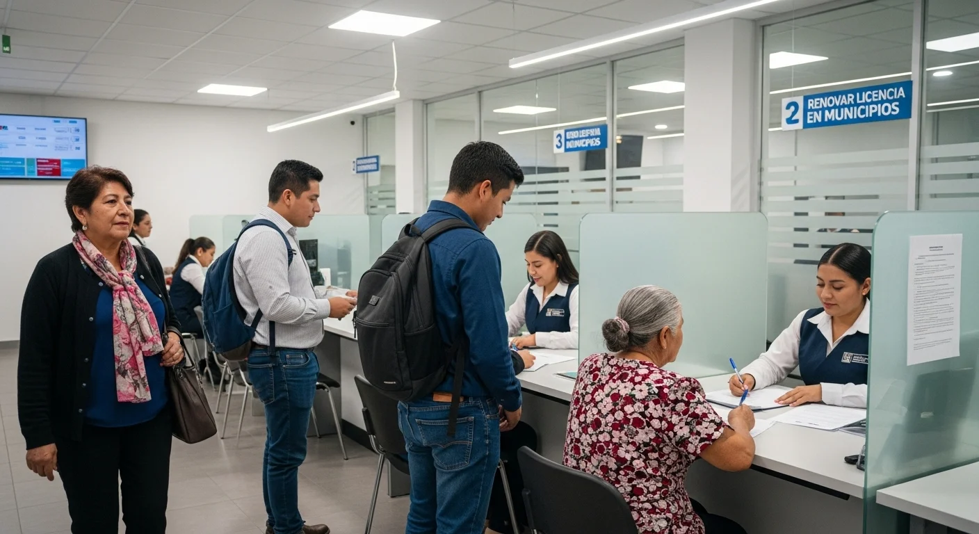 Oficina de trámites vehiculares en un municipio de México, con ciudadanos esperando para renovar licencia.