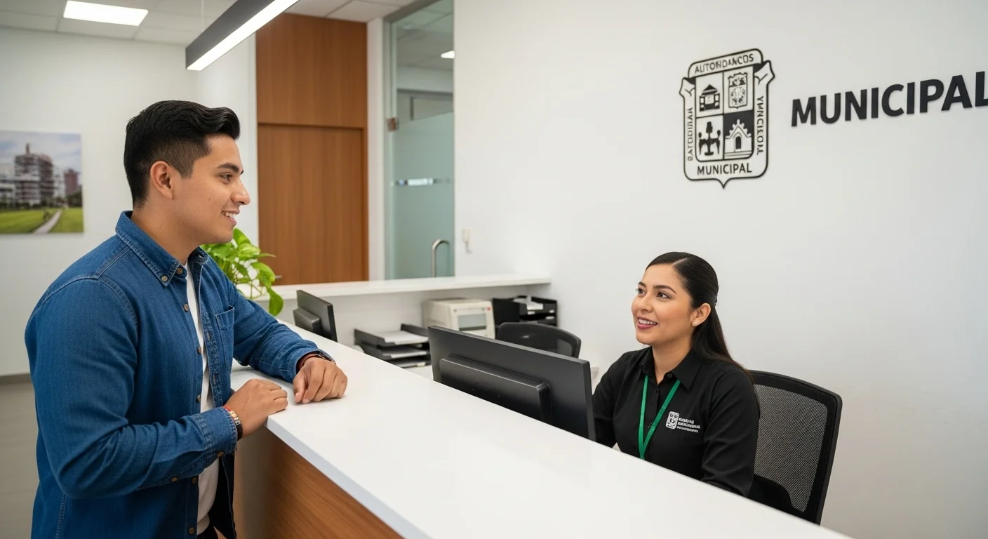 Una persona tramitando su licencia de conducir en una oficina de tránsito municipal en México, con el logo del ayuntamiento al fondo.