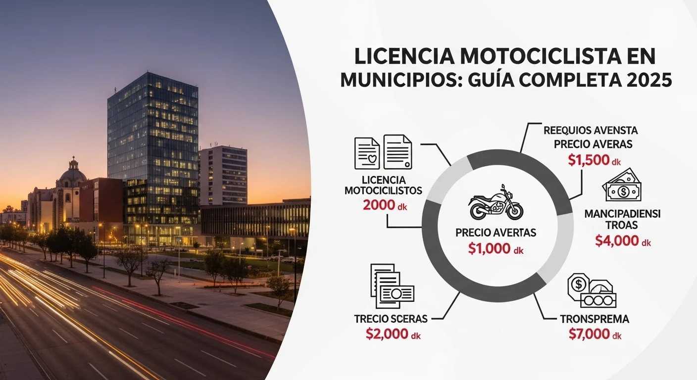 Infografía mostrando los requisitos y el precio promedio de la licencia de motociclista en diversos municipios mexicanos, con iconos de documentos y dinero.