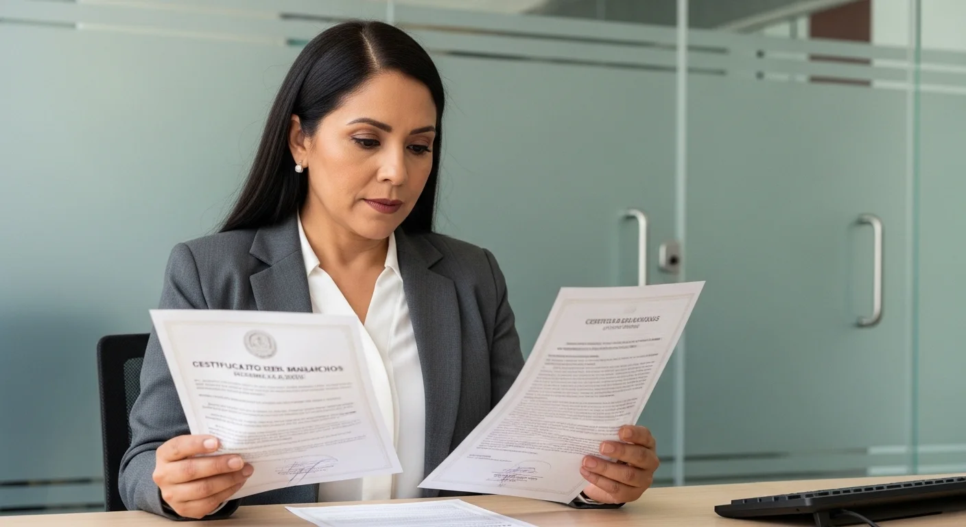 Una persona revisando documentos como acta de defunción y de matrimonio para solicitar el descuento de predial por viudez en una oficina de gobierno municipal.