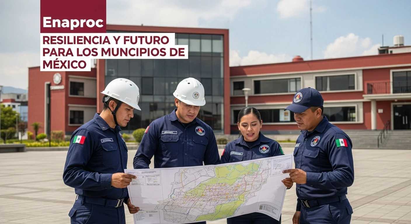 Equipo de protección civil de un municipio mexicano en una sesión de capacitación, planeando estrategias sobre un mapa de riesgos.