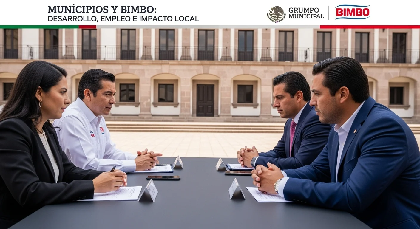 Un alcalde de un municipio mexicano en una reunión de trabajo con ejecutivos de Grupo Bimbo, discutiendo planes de inversión y colaboración.