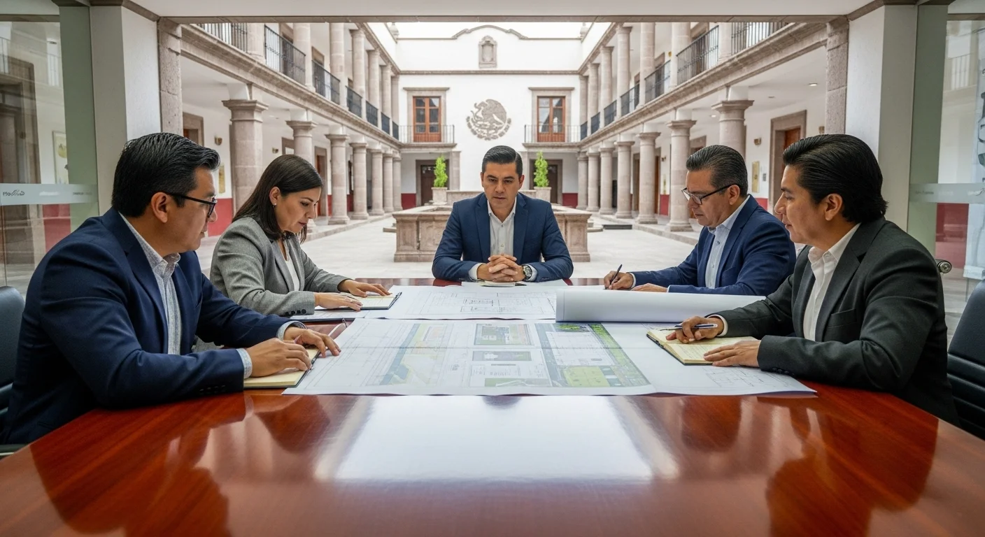 Mesa de reunión en un ayuntamiento con planos sobre la mesa, simbolizando la planificación de infraestructura que genera ofertas de empleo en los municipios.