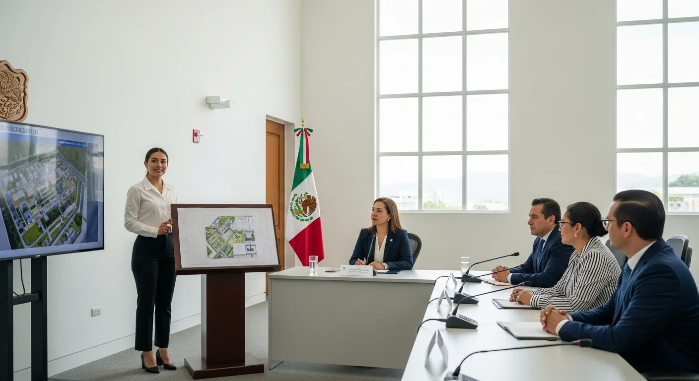 Sala de cabildo de un ayuntamiento donde un ingeniero presenta un proyecto de desarrollo urbano a la presidenta municipal y los regidores.