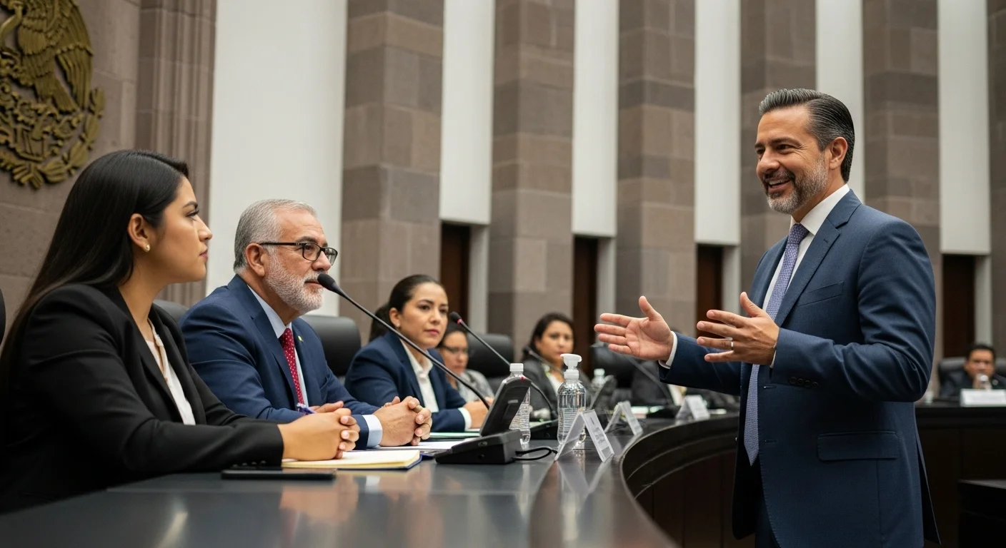 Imagen de una sesión de cabildo en un ayuntamiento mexicano, mostrando regidores y al alcalde discutiendo proyectos de infraestructura municipal.