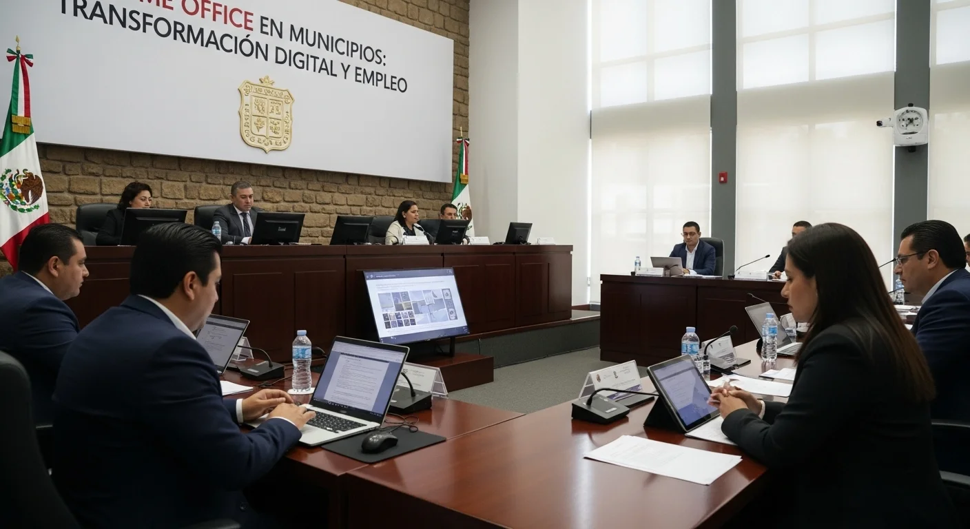 Interior de un salón de cabildo de un ayuntamiento en México, con funcionarios utilizando tecnología para una gestión municipal eficiente.