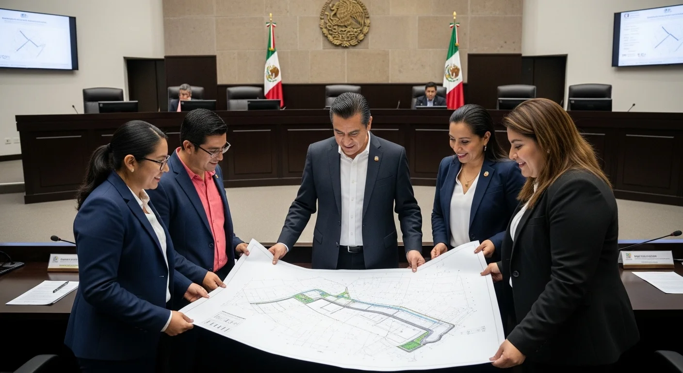 Un grupo de regidores y un alcalde revisando planos de una obra municipal importante en una sala de juntas del ayuntamiento.