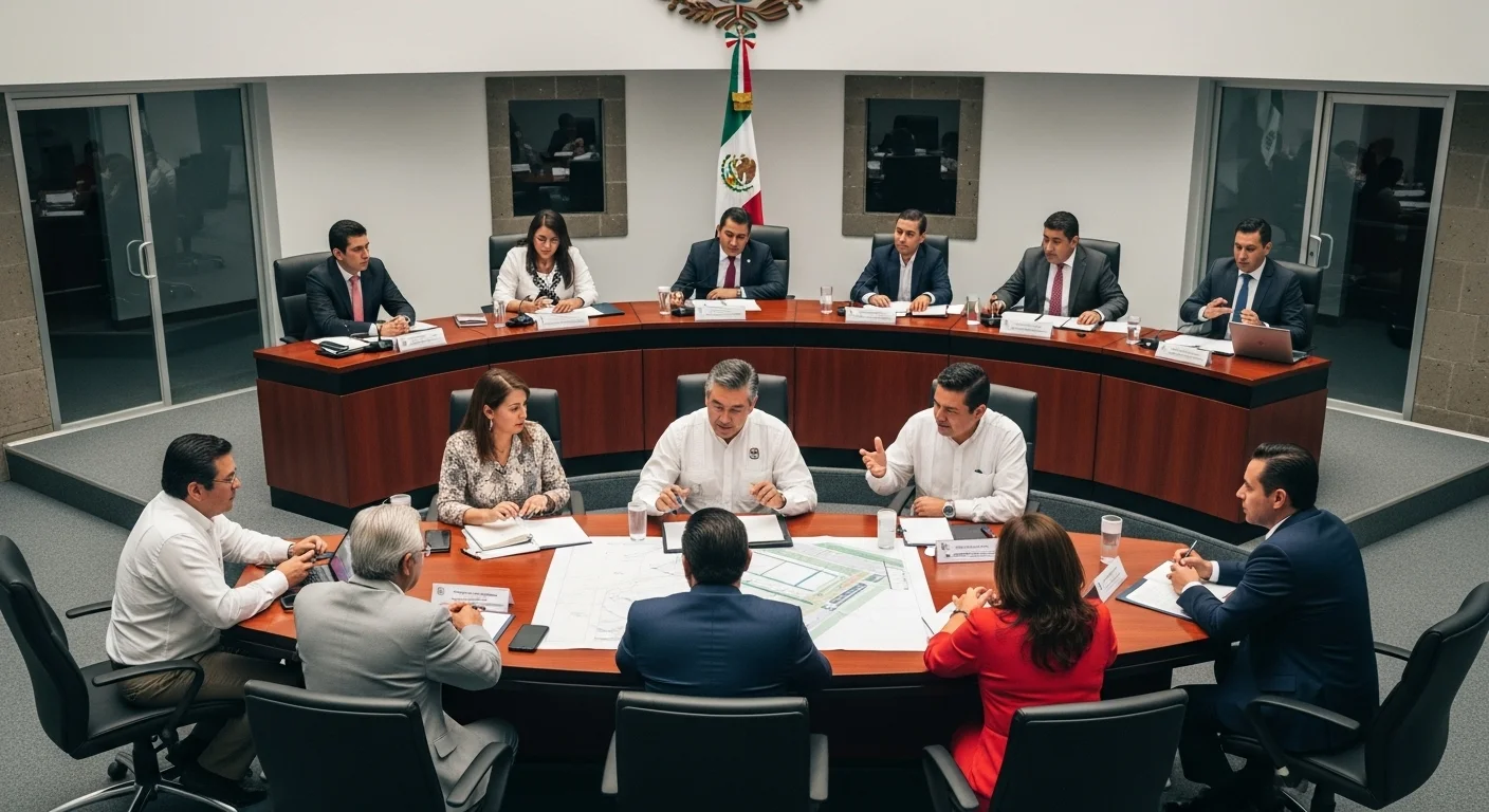 Alcalde y regidores en una sesión de cabildo discutiendo planes de infraestructura municipal, destacando la gobernanza y la toma de decisiones.