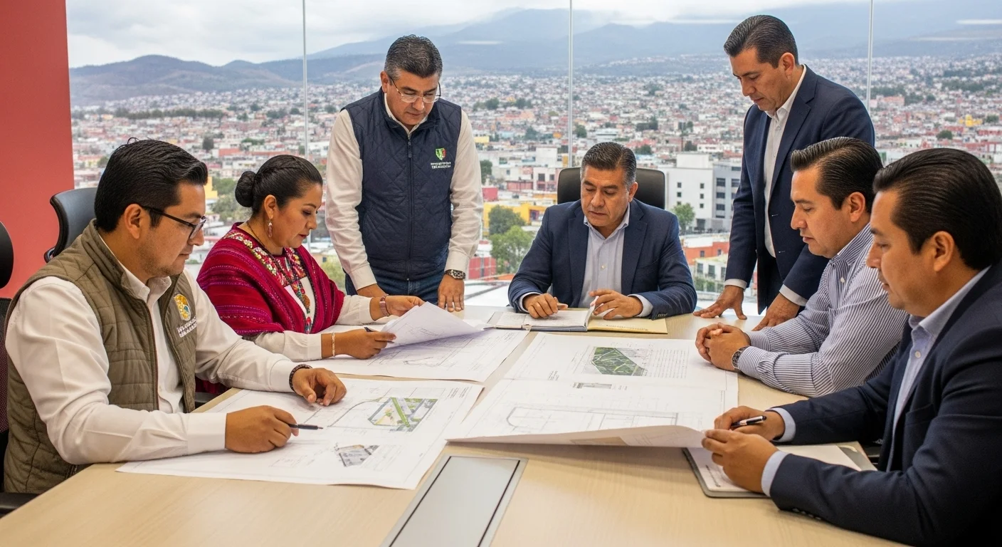 Miembros de un ayuntamiento municipal revisando planos de infraestructura, destacando la importancia de la planeación y la gestión de alcaldes y regidores.
