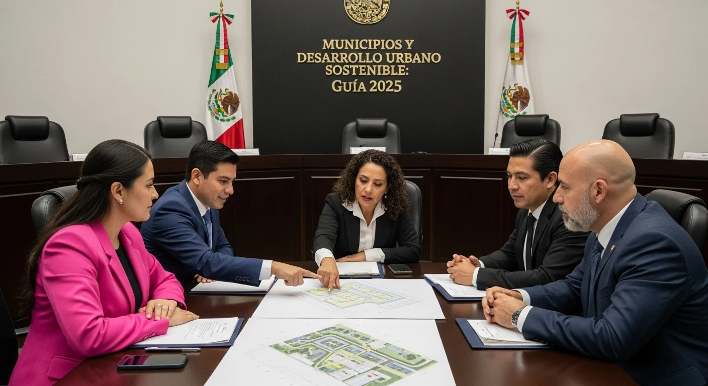 Alcalde y regidores en una sesión de ayuntamiento revisando planos de infraestructura municipal para un proyecto de desarrollo urbano sostenible.