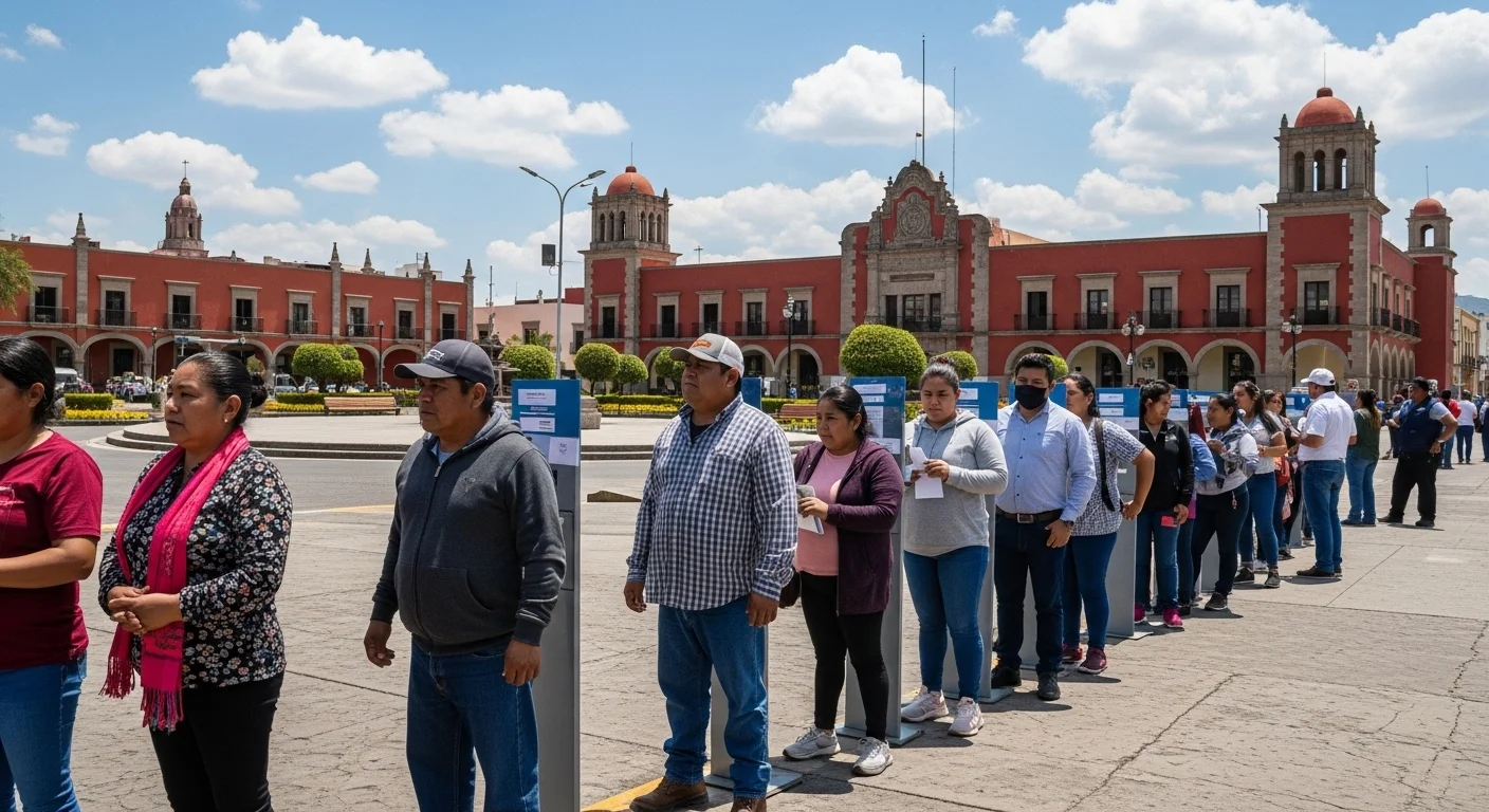Palacio municipal de un municipio mexicano con ciudadanos haciendo fila para pagar el predial, simbolizando la contribución cívica.