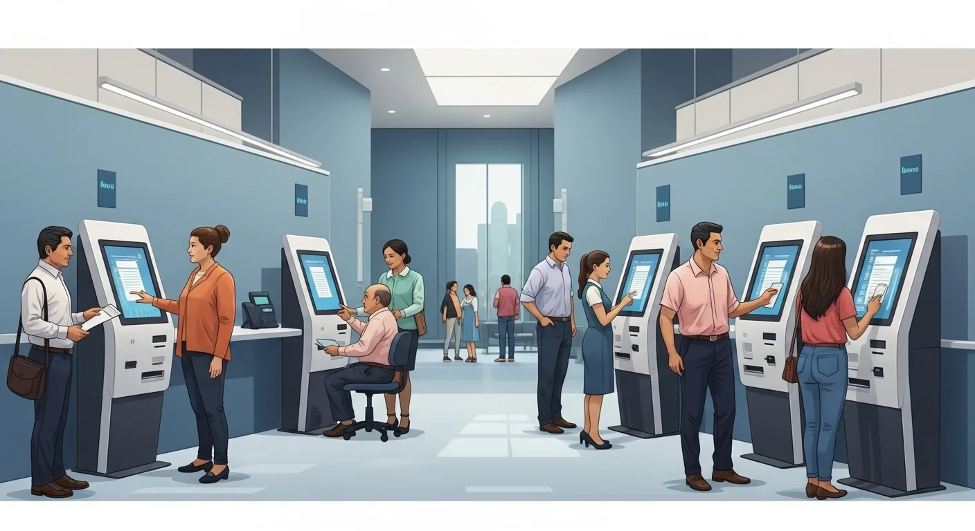 Imagen de una oficina moderna de un Sapa municipal en México, con ciudadanos utilizando quioscos digitales para pagar su servicio de agua.