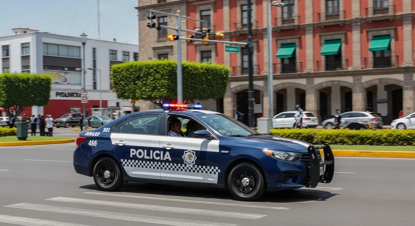 Patrulla de policía municipal mexicana circulando en una calle urbana, representando la seguridad pública en los municipios