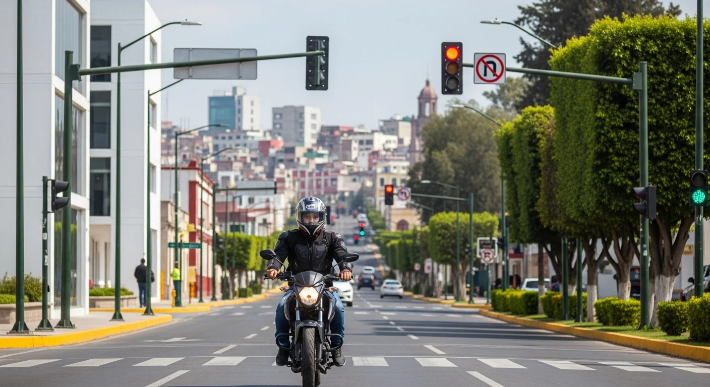 Motociclista con casco y equipo de protección circulando en una calle bien señalizada, reflejando la seguridad en los municipios.